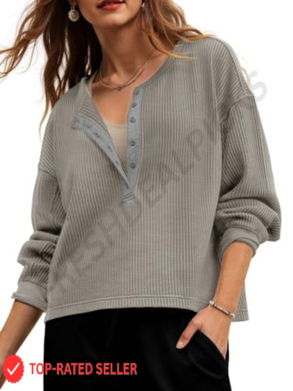 Waffle Knit Cropped Sweatshirt Button V Neck Long Sleeve Loose Fit